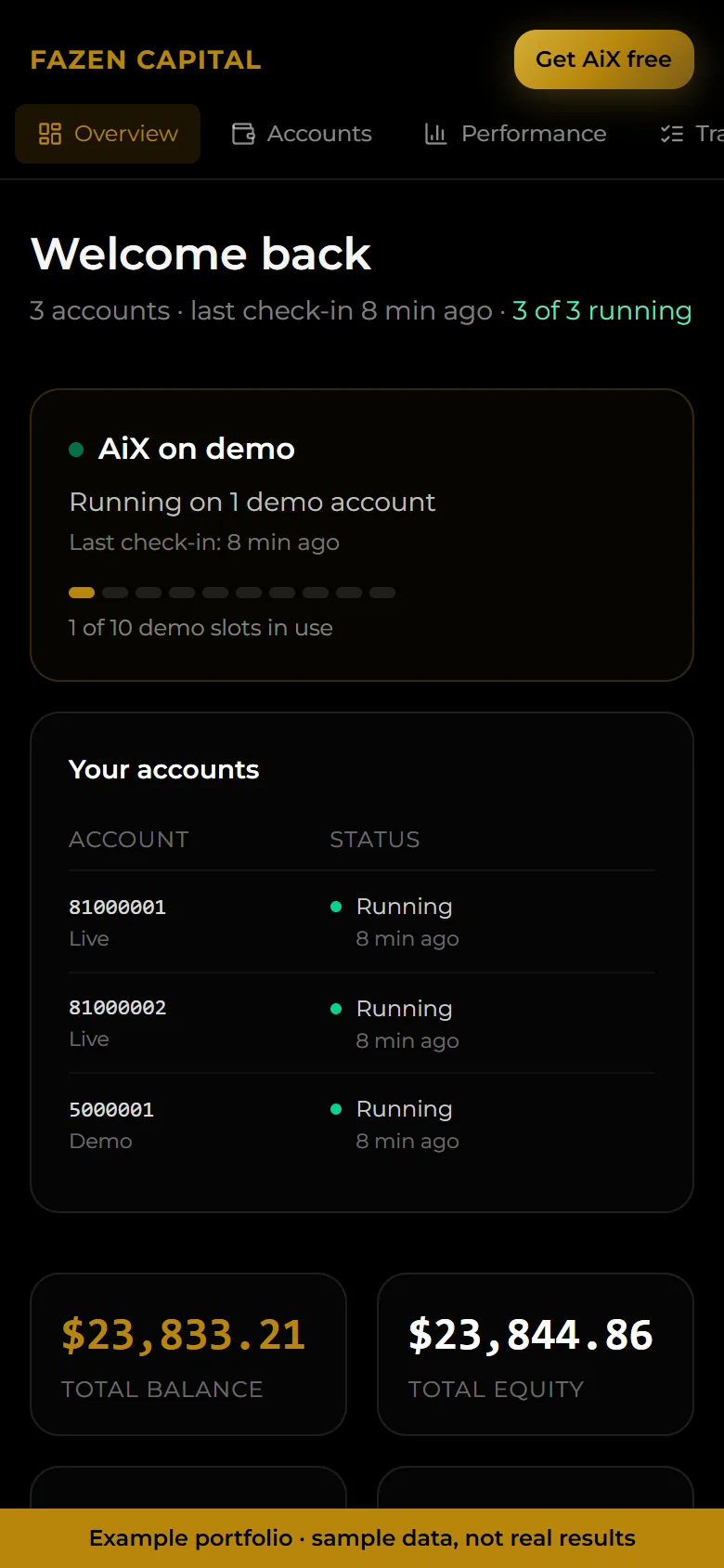 The Fazen Capital dashboard with an example portfolio of three accounts.